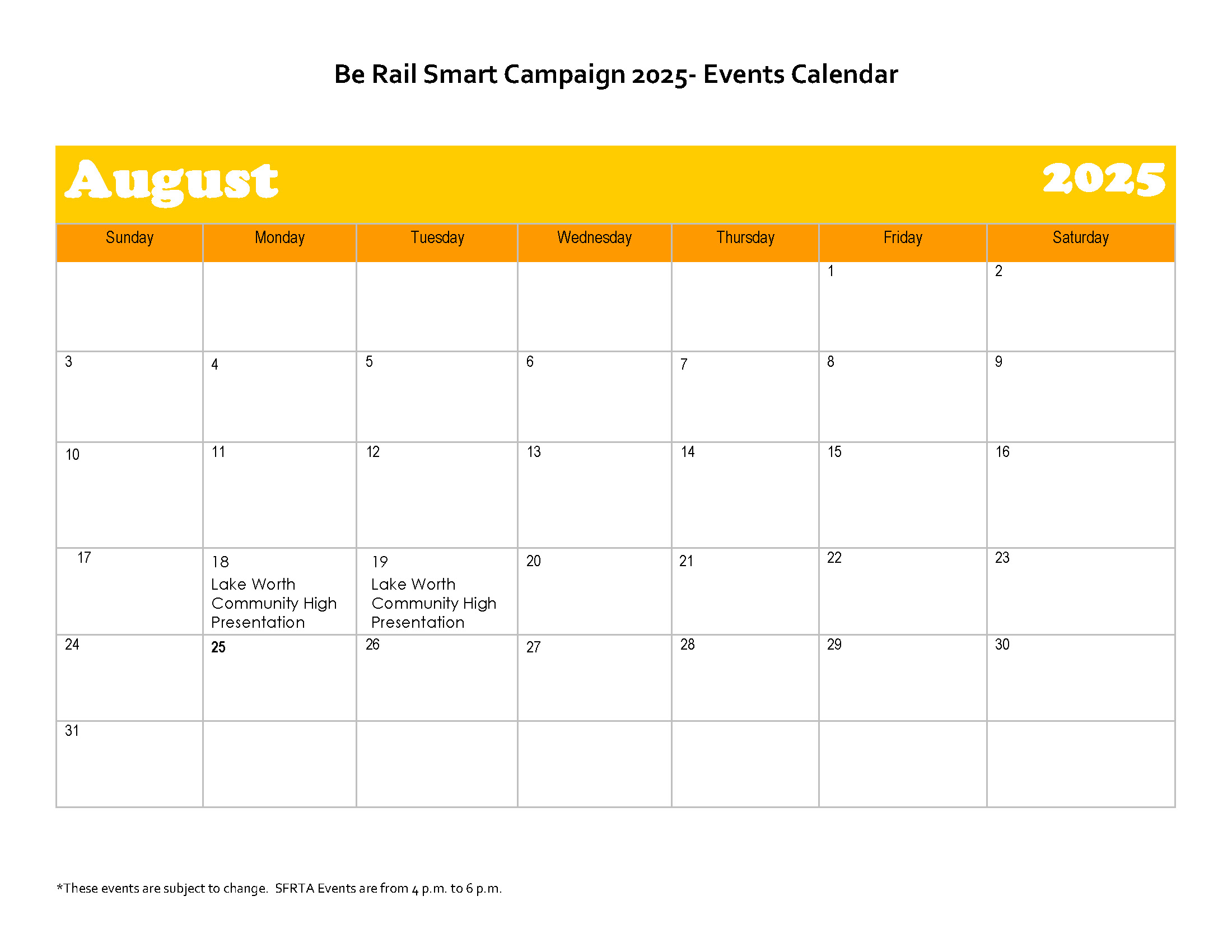 2025 Outreach Event Calendar