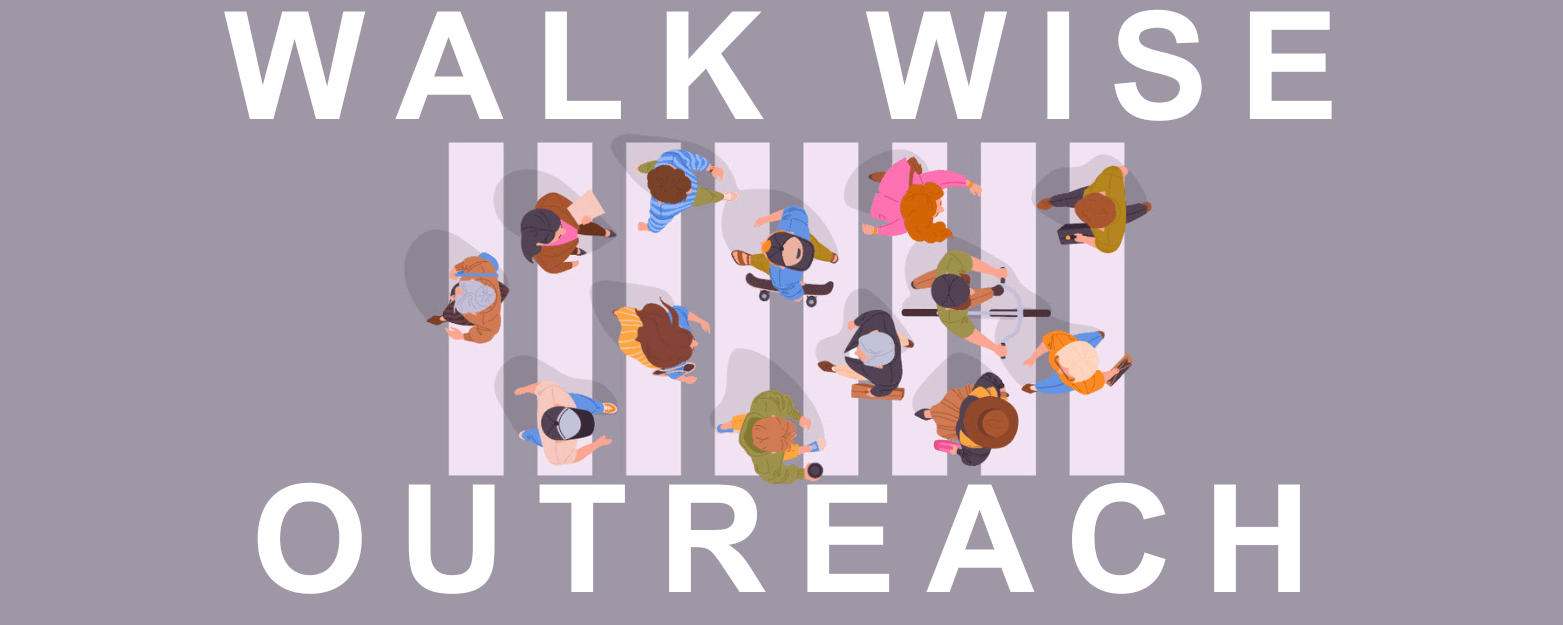 WalkWise outreach program graphic showing pedestrians walking and bicyclists traveling safely, representing FDOT’s focus on pedestrian and bike safety.