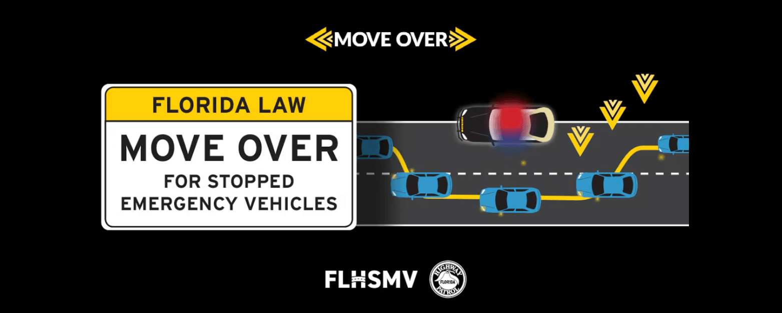 Florida Move Over Law logo with an illustration of a car safely moving over to another lane to give space to a stopped police car with flashing lights.