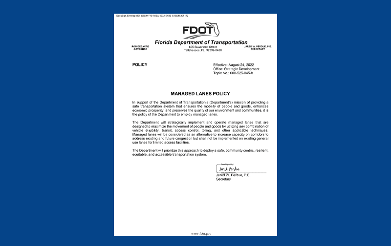 Read the FDOT Managed Lanes Policy PDF