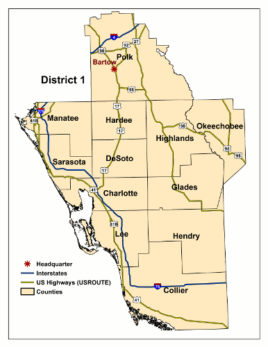 Map of Florida Counties in District 1.