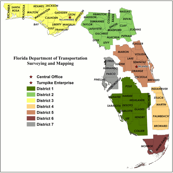Map of Florida Department of Transportation Districts, and counties.