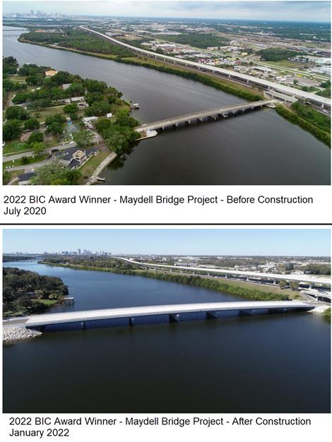 Maydell Bridge Project in Hillsborough County - 2022 BIC Award Winner - Before and After Construction aeriel views