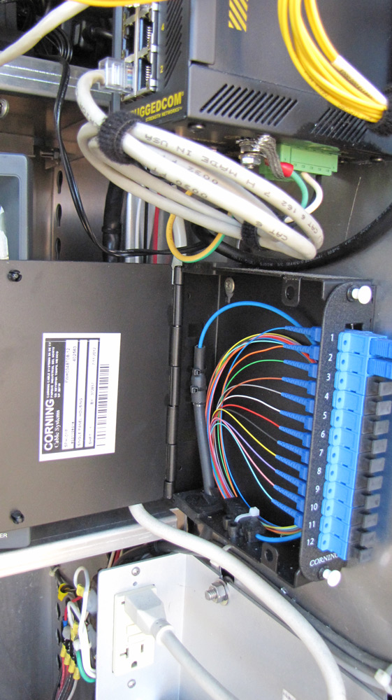 Fiber optic patch panel inside equipment cabinet