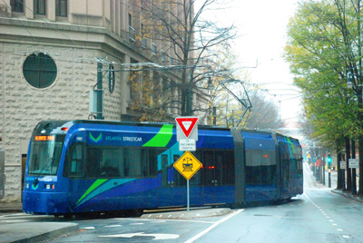 3/4 angle view photo of a modern streetcar