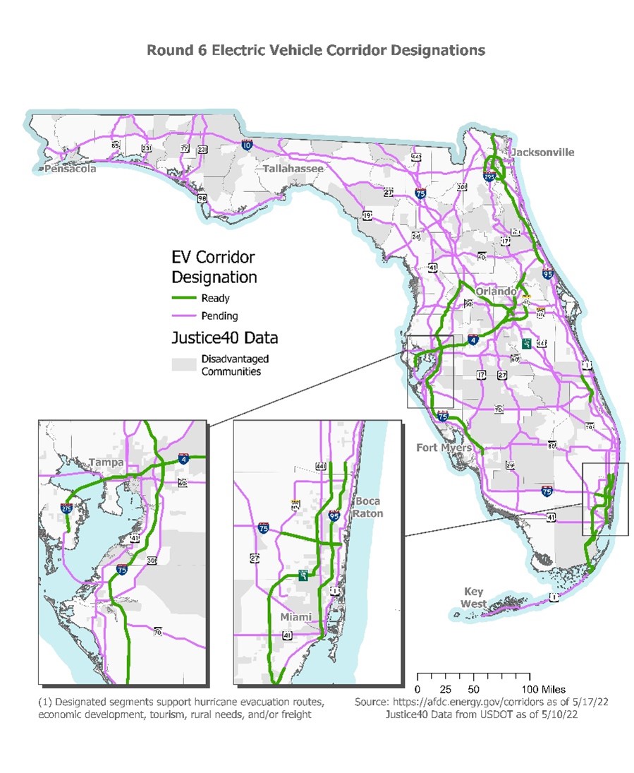 A map illustrating EV corridor designations, either Ready or Pending, as well as Disadvantaged Communities.