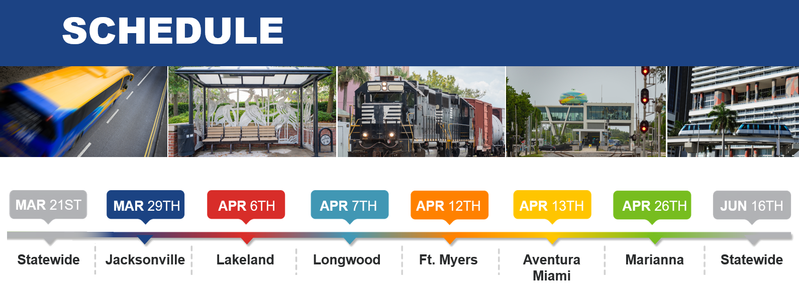 Rail-Transit Regional Listening Session Schedule MAR 21ST Statewide, MAR 29TH Jacksonville, APR 6TH Lakeland, APR 7TH Longwood, APR 12TH Ft. Myers, APR 13TH Aventura Miami, APR 26TH Marianna, JUN 16TH Statewide