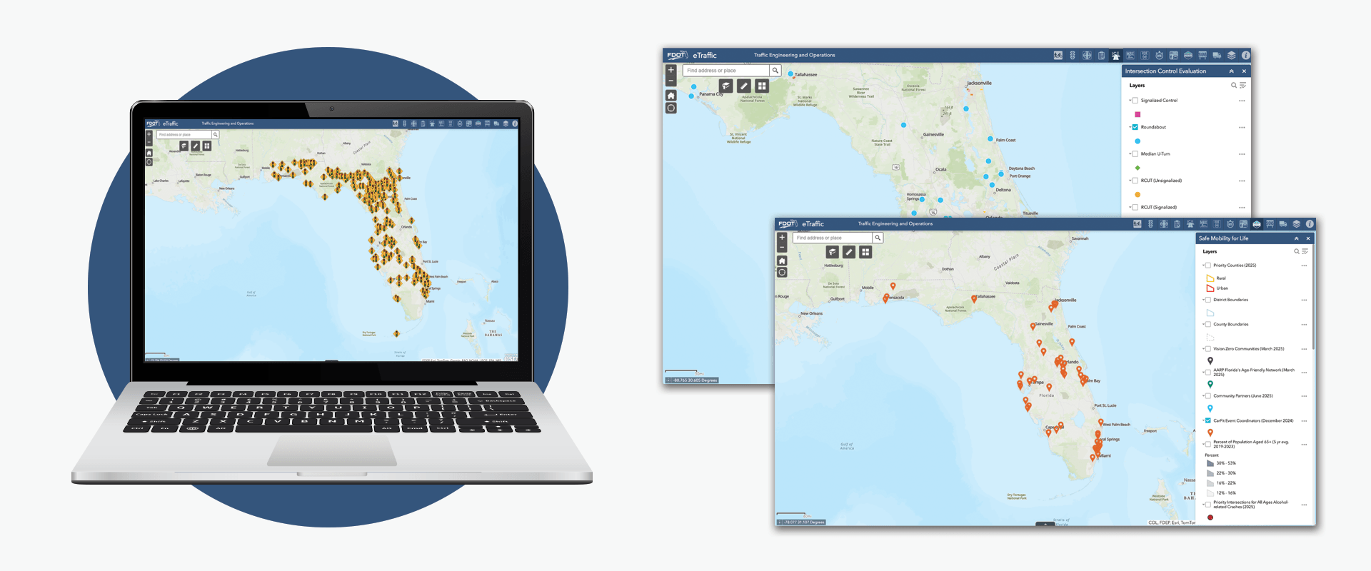 Screenshot of Florida eTraffic dashboard map showing statewide ITS devices