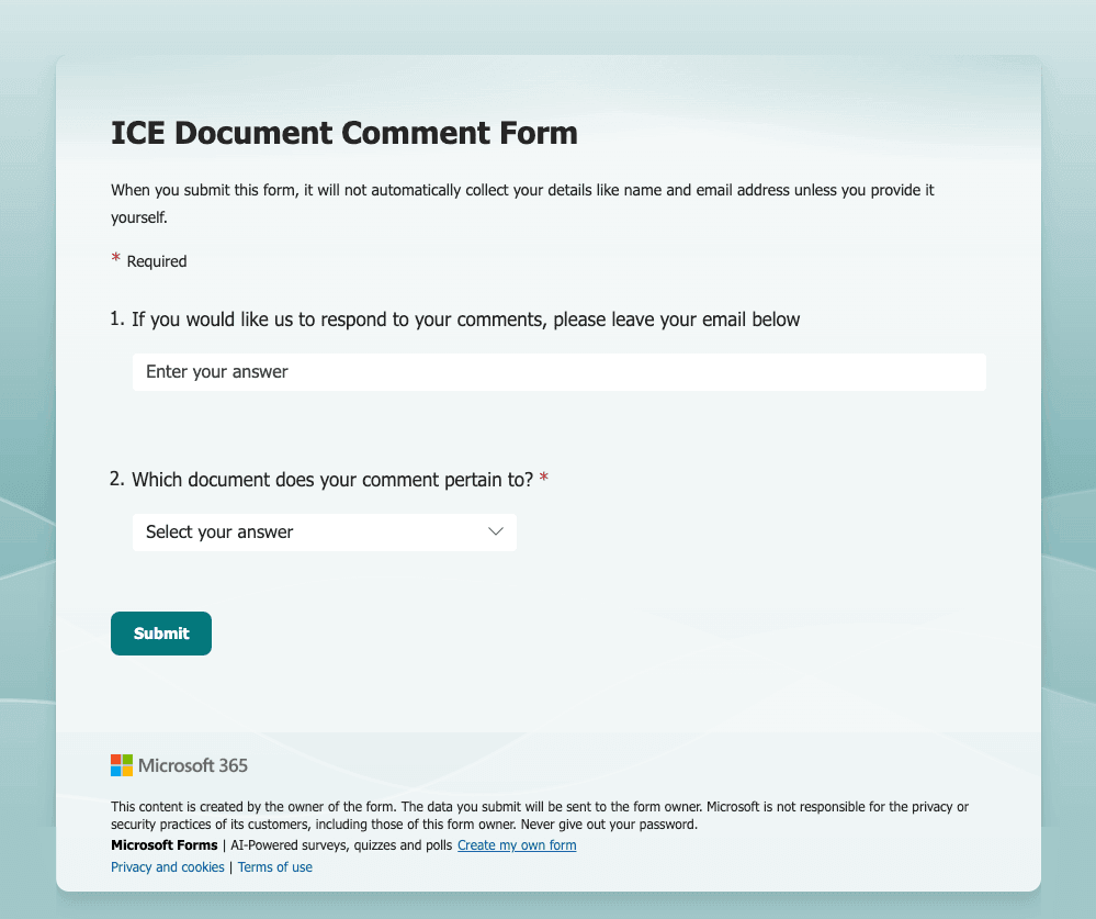Screenshot of ICE Form